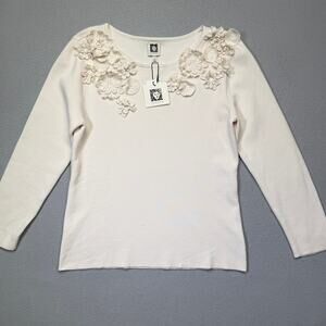 Anne Klein woman's Floral Applique Sweater, Beige White Dove, medium $129